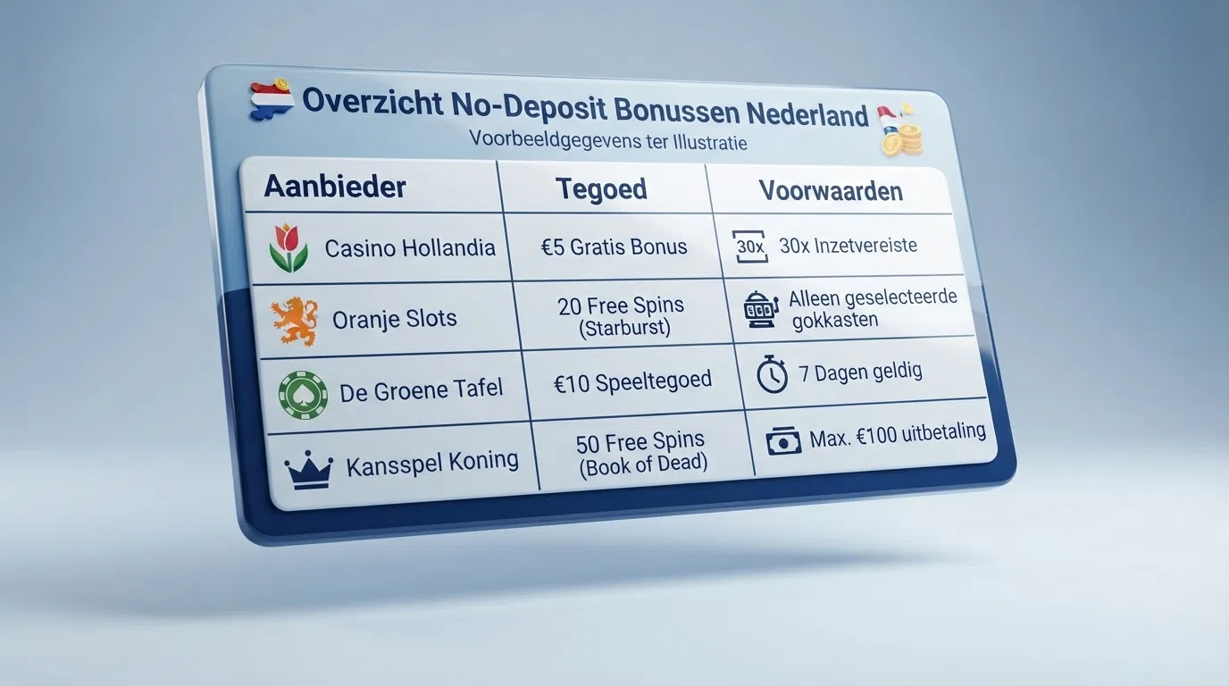 Een vergelijkingstabel van Nederlandse online casino's met kolommen voor bonus zonder storting, rondspeeleis en KSA-licentie