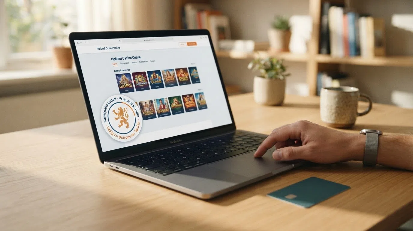 Het logo of keurmerk van de Kansspelautoriteit op een scherm, met een casino-interface op de achtergrond
