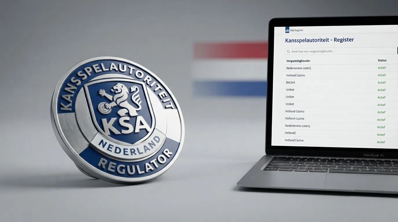 Het KSA-keurmerk naast een screenshot van het Kansspelautoriteit-licentieregister op kansspelautoriteit.nl