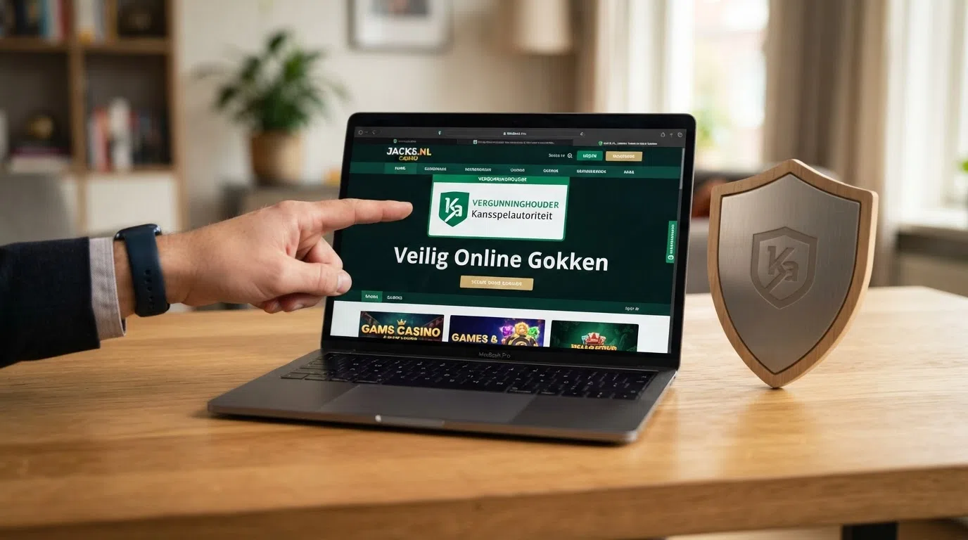 Het logo van de Kansspelautoriteit naast het keurmerk voor veilig online gokken op de homepage van een Nederlands online casino