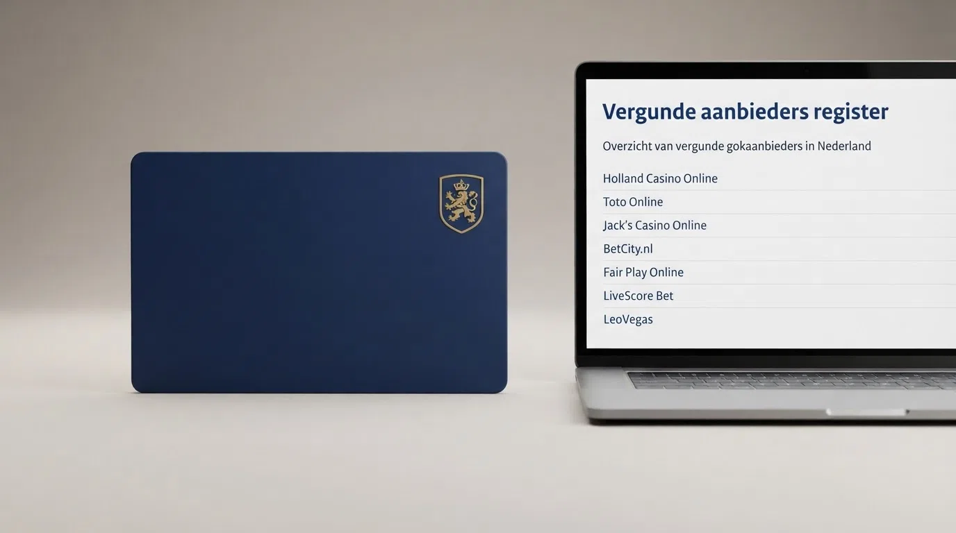 Het logo of keurmerk van de Kansspelautoriteit met de tekst “Koa-vergunning” zichtbaar, naast een screenshot van het Kansspelwijzer-register