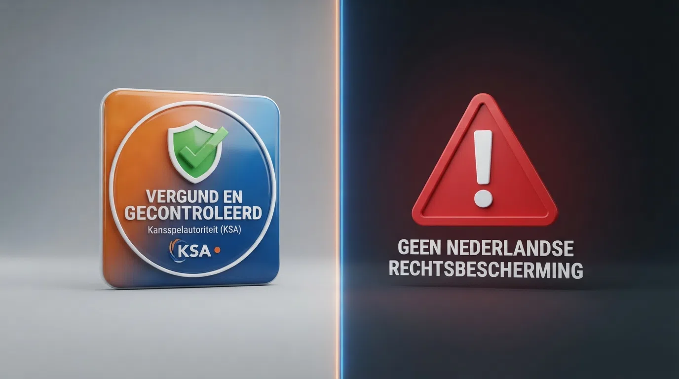 Een split-screen dat aan de linkerkant het KSA-keurmerk toont met een vinkje en de tekst 'Vergund en gecontroleerd', en aan de rechterkant een rood waarschuwingsteken met de tekst 'Geen Nederlandse rechtsbescherming'