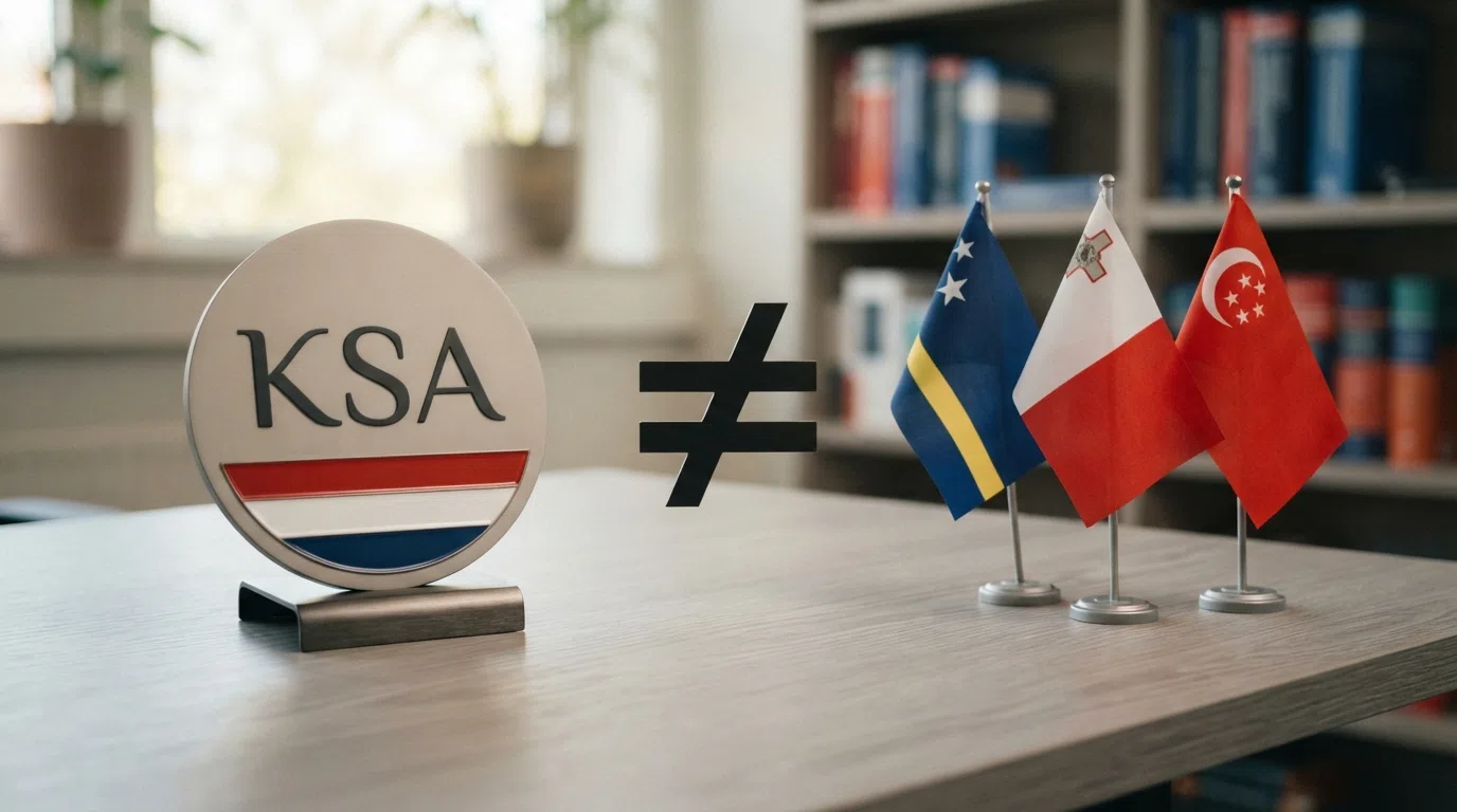 Een KSA-logo naast de vlaggen van Curaçao, Malta en Anjouan met een ongelijkteken ertussen