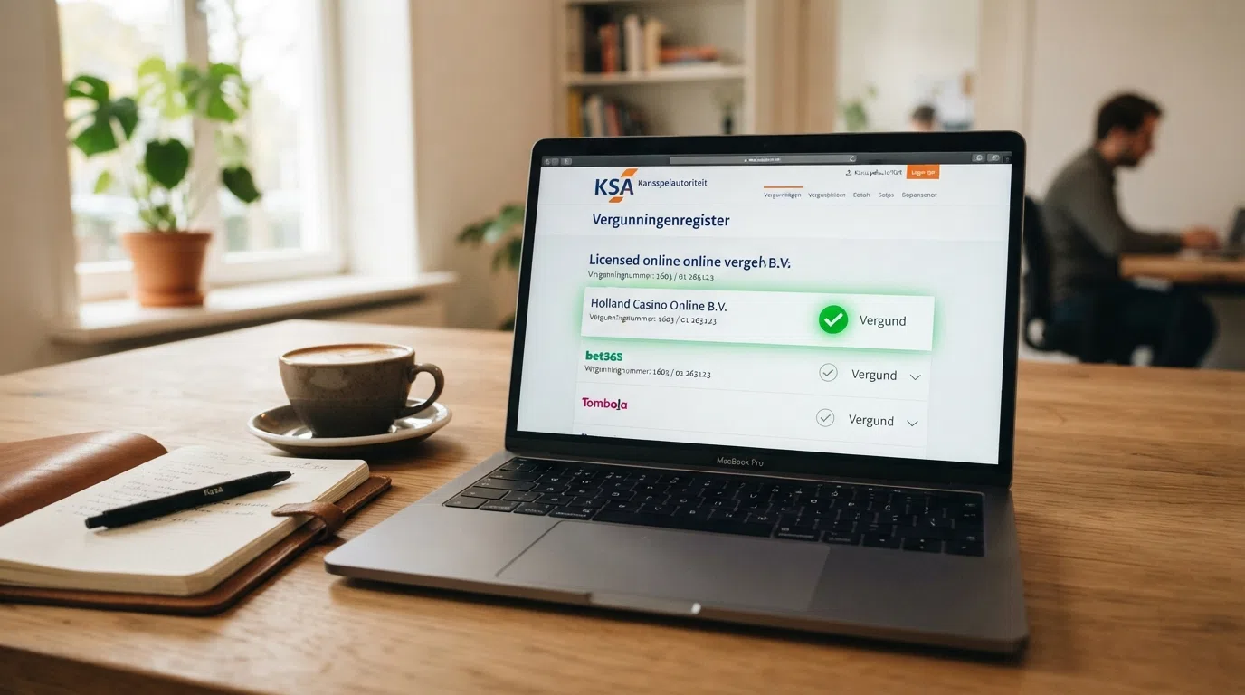 Een screenshot van het KSA-vergunningenregister met een groen vinkje naast een legale aanbieder, met het KSA-logo zichtbaar.