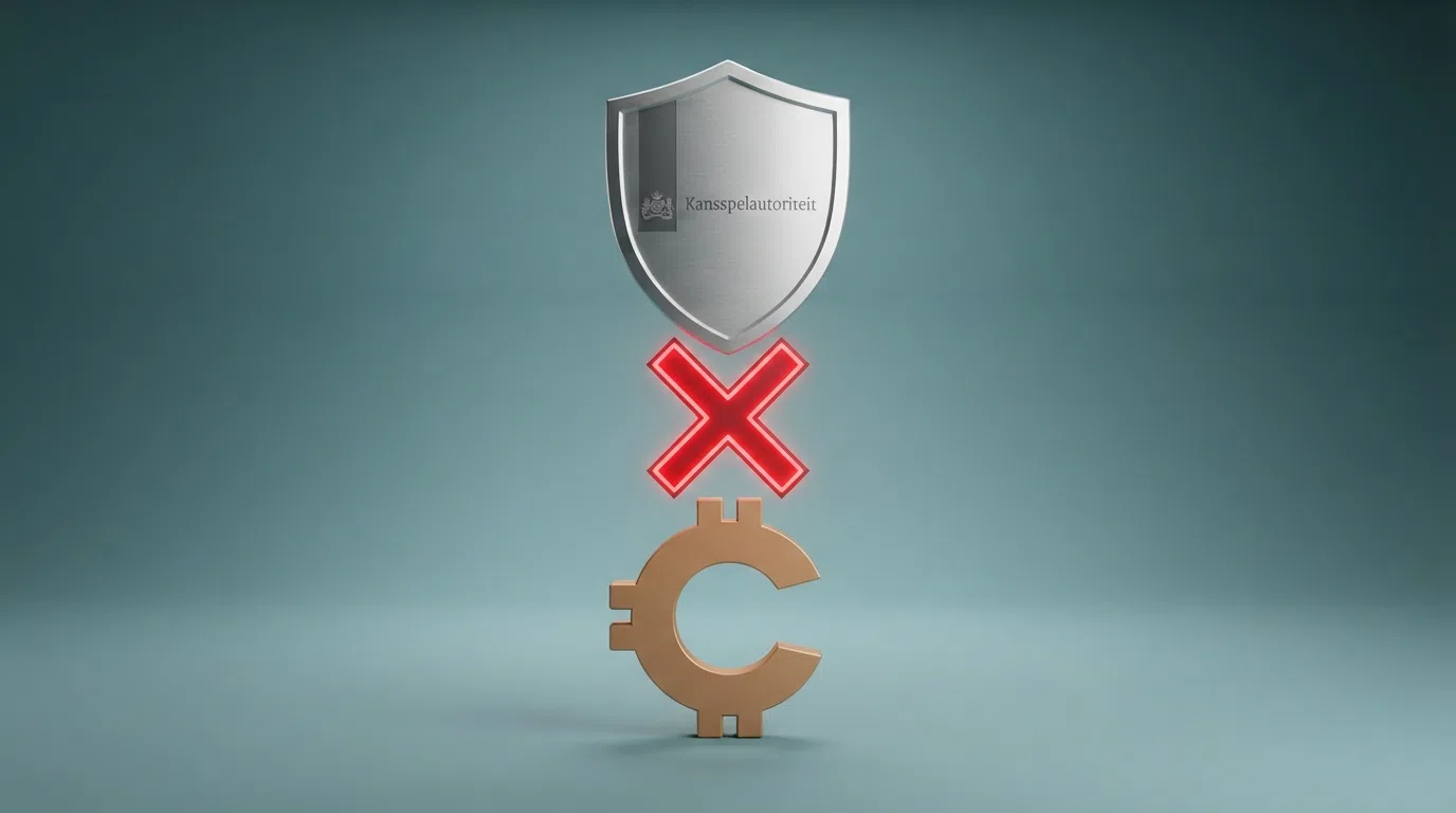 Het logo van de Kansspelautoriteit naast een Bitcoin Cash-symbool, gescheiden door een rood kruis op een grijze achtergrond