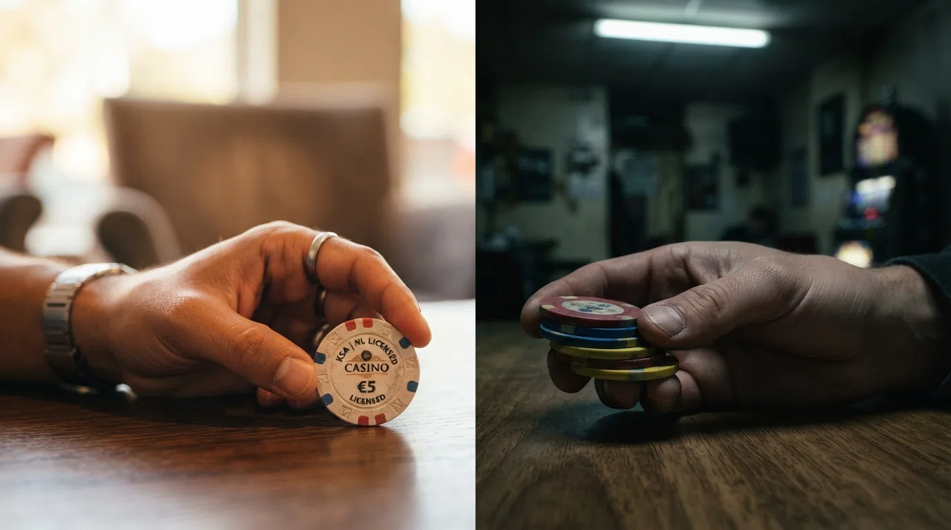 Een visuele vergelijking in twee kolommen: links een KSA-vergund casino met vinkjes bij Cruks, stortingslimieten en KSA-toezicht, rechts een offshore casino met kruisjes bij dezelfde beschermingslagen