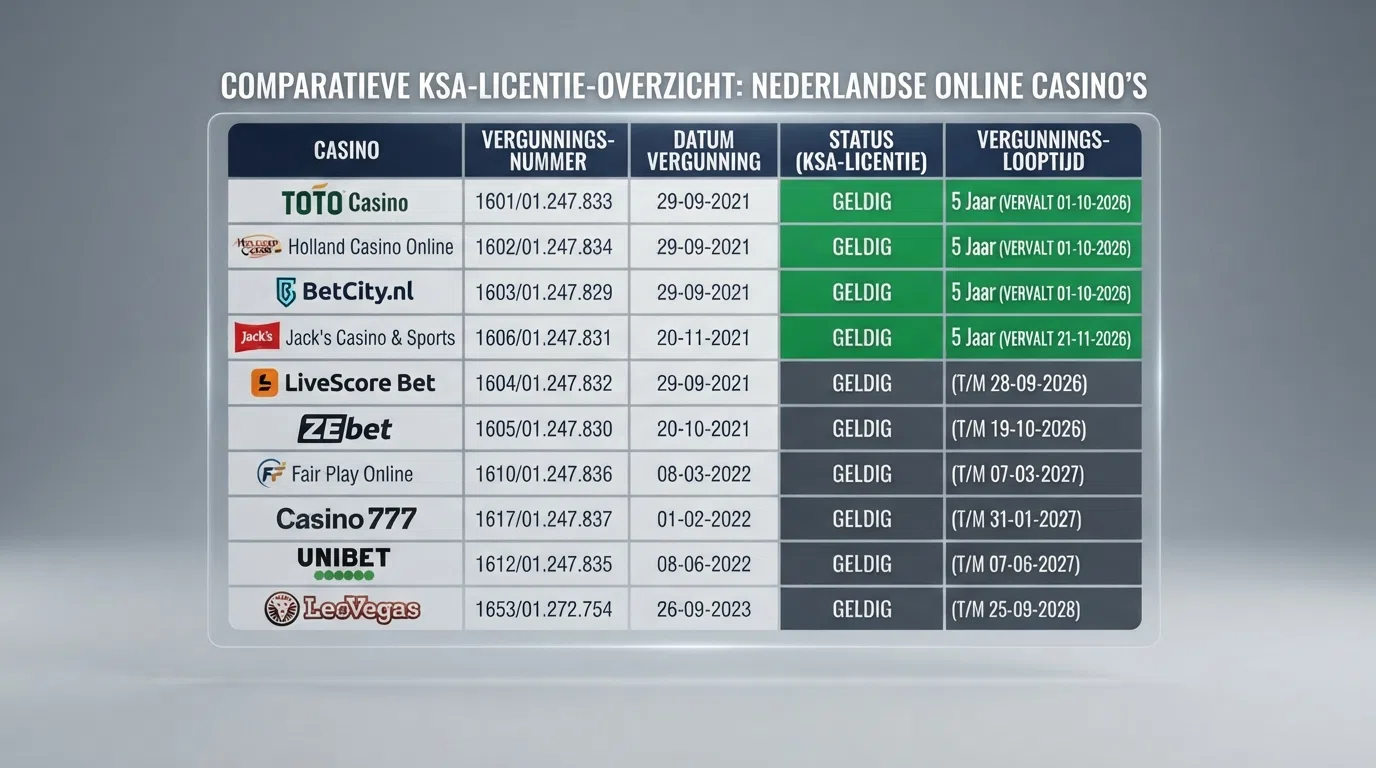 Een vergelijkend overzicht van de tien besproken casino's, geordend op licentiestatus, met een groene markering voor de vier verlengde vijfjarige vergunningen