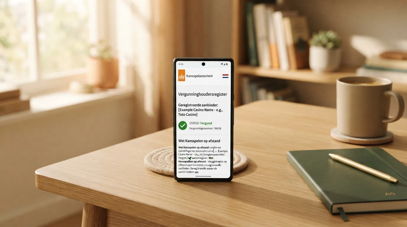Het logo van de Kansspelautoriteit naast een Android-telefoon die het KSA-vergunningregister toont
