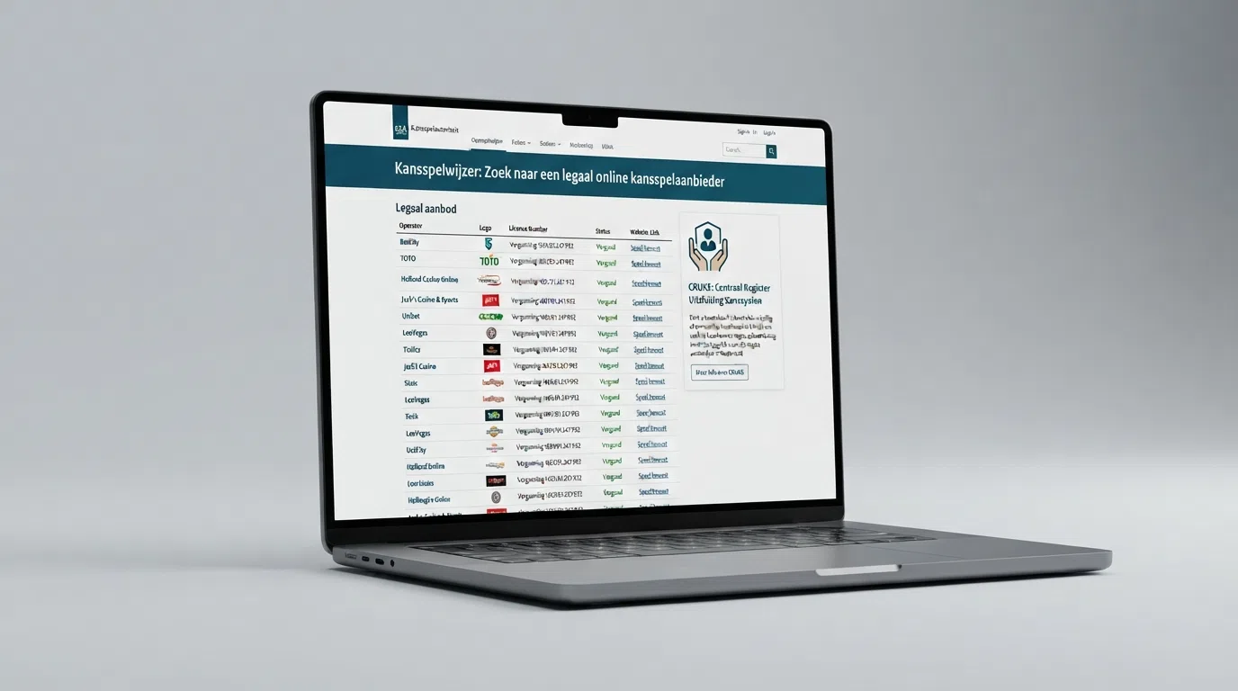 Het officiële Kansspelwijzer-scherm van de KSA met een lijst van vergunde aanbieders en een CRUKS-informatieblok ernaast.