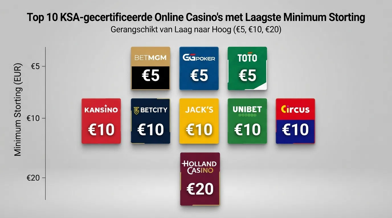 Een overzichtelijke staafgrafiek of rij van tien casino-logo's onder elkaar, elk met het minimale stortingsbedrag (€5, €10 of €20) ernaast in een contrasterende kleur