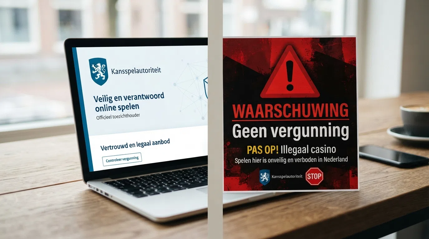 Een split-screen met links het logo van de Kansspelautoriteit en rechts een waarschuwingsteken boven het woord 'geen vergunning'