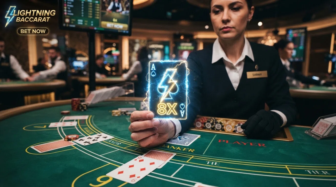 Een close-up van een Lightning Baccarat-tafel waarop één of meerdere kaarten een lightning-vermenigvuldiger tonen — het bliksemsymbool en de multiplier-waarde staan op de kaart