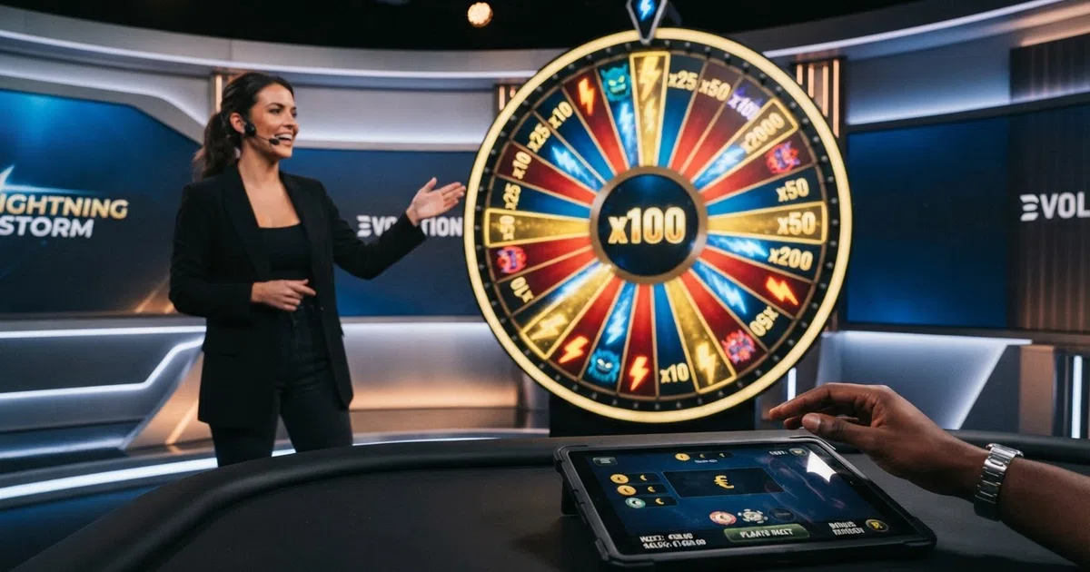 Het digitale DigiWheel van Lightning Storm met de 39 gekleurde segmenten en een live game-showhost in de studio op de achtergrond