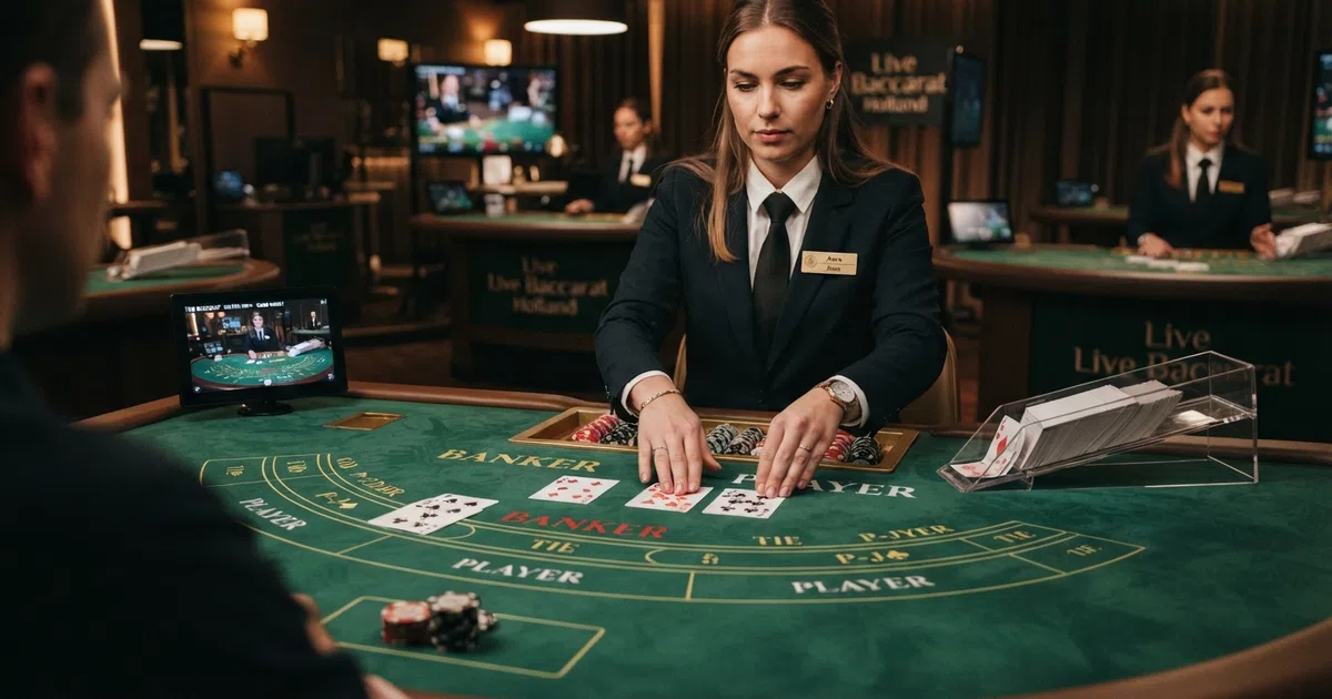 Een live baccarat-tafel met een dealer die kaarten deelt, vastgelegd vanuit het perspectief van een speler — de Banker- en Player-vakken zijn zichtbaar op het groene speelveld