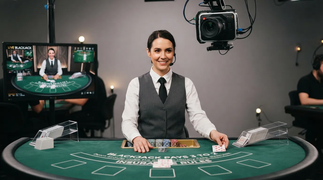 Een live dealer aan een blackjacktafel in een Nederlandse studio, met camera's en monitors die het spel in real-time uitzenden naar online spelers