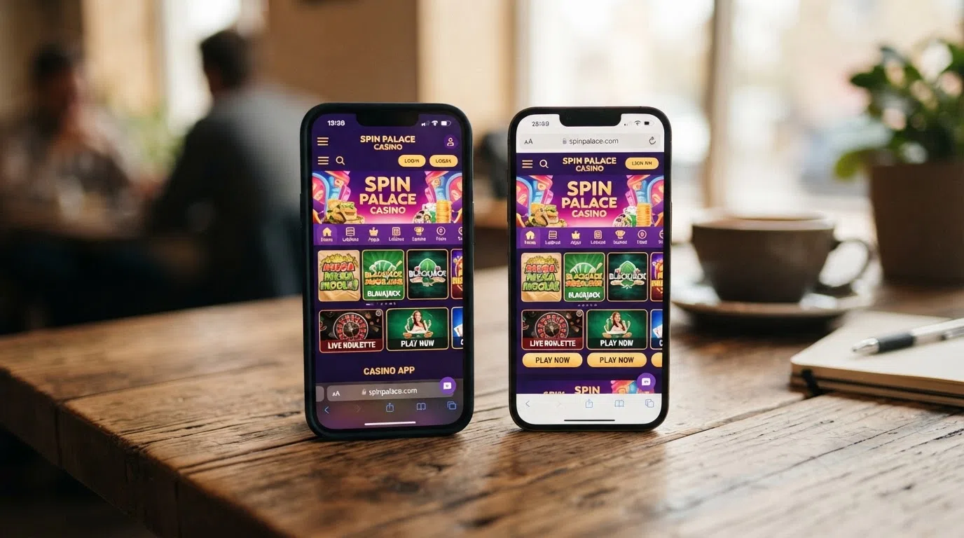 Een smartphone met daarop de interface van een mobiele casino-app naast dezelfde operator in een mobiele browser