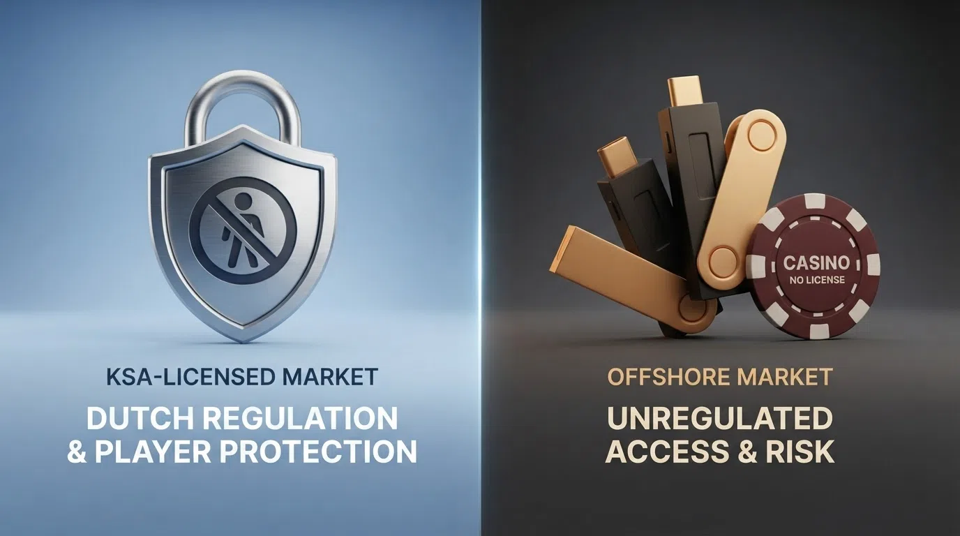 Een split-screen: links het KSA-keurmerk met het Cruks-logo, rechts cryptowallets en het woord “anoniem” — de twee markten visueel tegenover elkaar