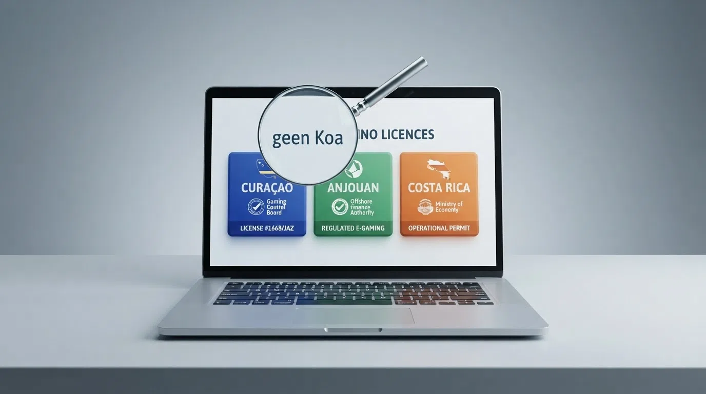 Een overzichtelijke rij van casinologo's en licenties op een scherm, met een vergrootglas dat het woord 'geen Koa' uitlicht