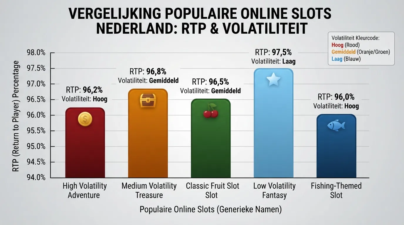 Een visuele weergave van de vijf populairste online gokkasten in Nederland met hun RTP-percentages en volatiliteit