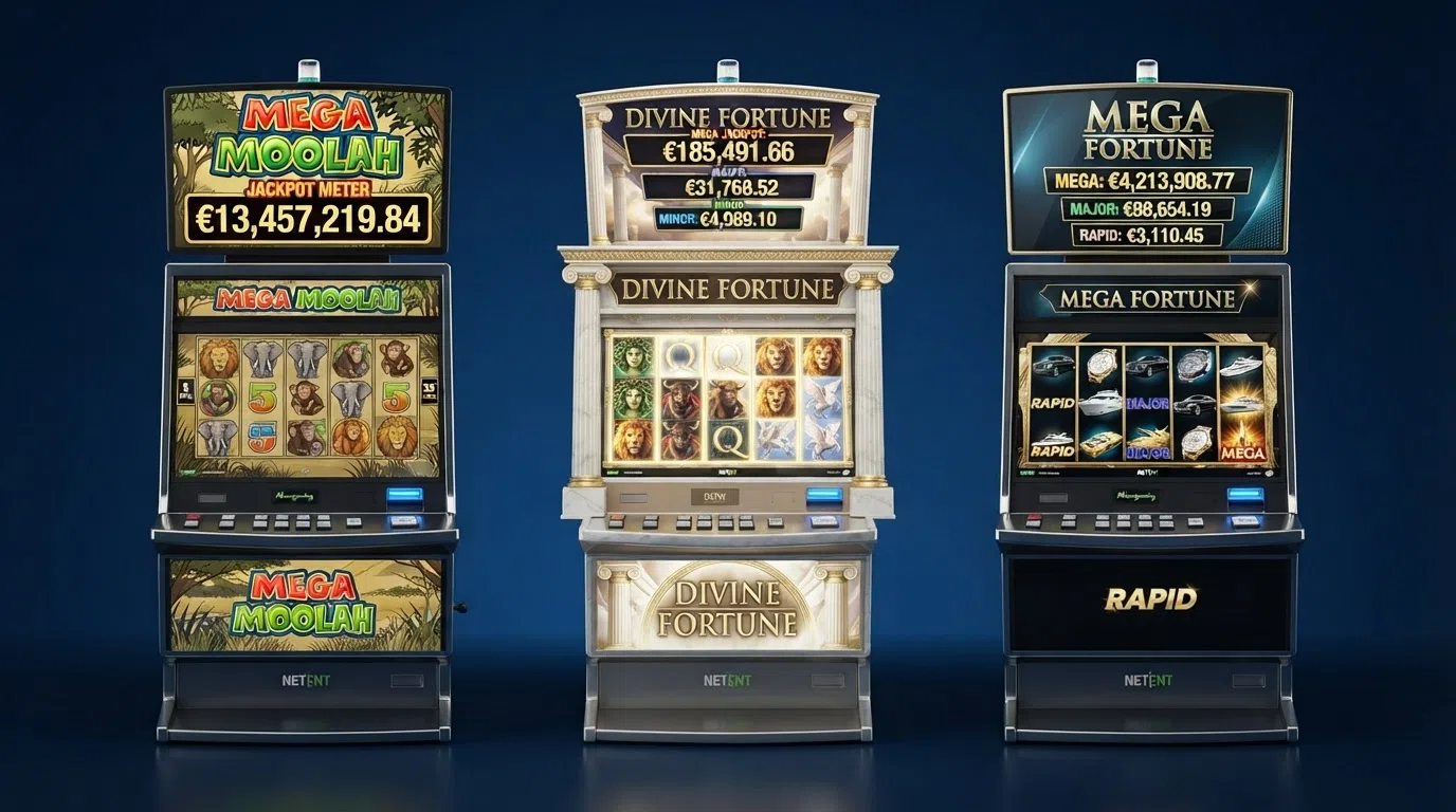 Drie bekende progressieve jackpot slots naast elkaar: Mega Moolah, Divine Fortune en Mega Fortune, met hun jackpot-tellers en RTP-percentages zichtbaar op het scherm.