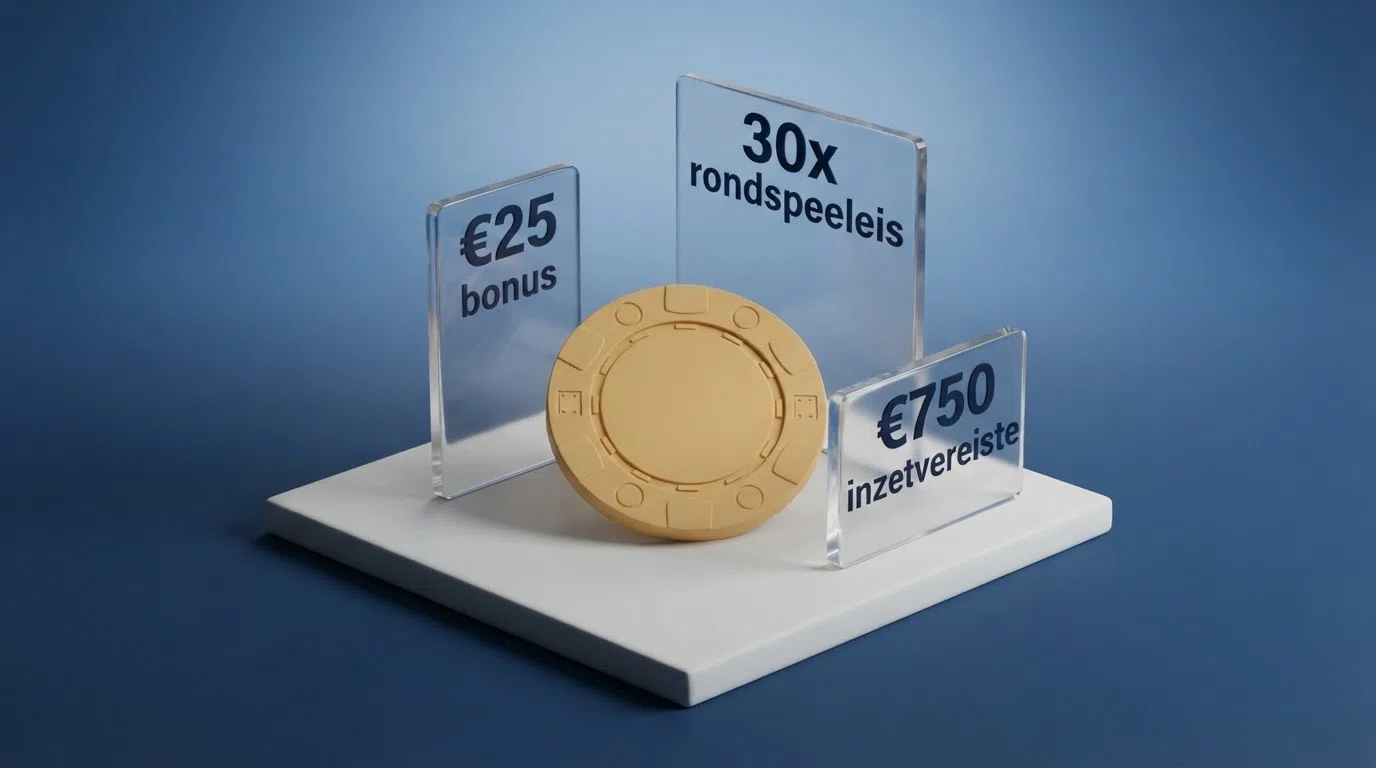 Een visuele rekensom: €25 bonus × 30 rondspeeleis = €750 inzetvereiste, met een pijl naar “verwachte kosten: €26,25”