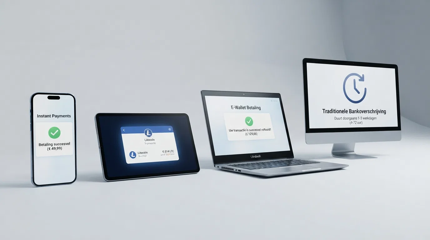 Vier betaalmethoden in volgorde van snelheid: Instant Payments op een bankapp, een crypto-wallet-transactie, een e-wallet-bevestiging en een traditionele bankoverschrijving met klokicoon