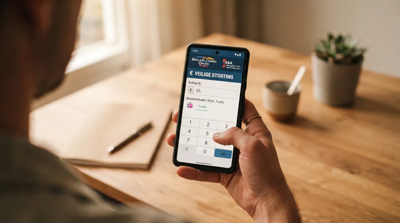 Een Nederlands iDEAL-betaalscherm op een smartphone, met het logo van een KSA-vergund casino en het in te vullen stortingsbedrag