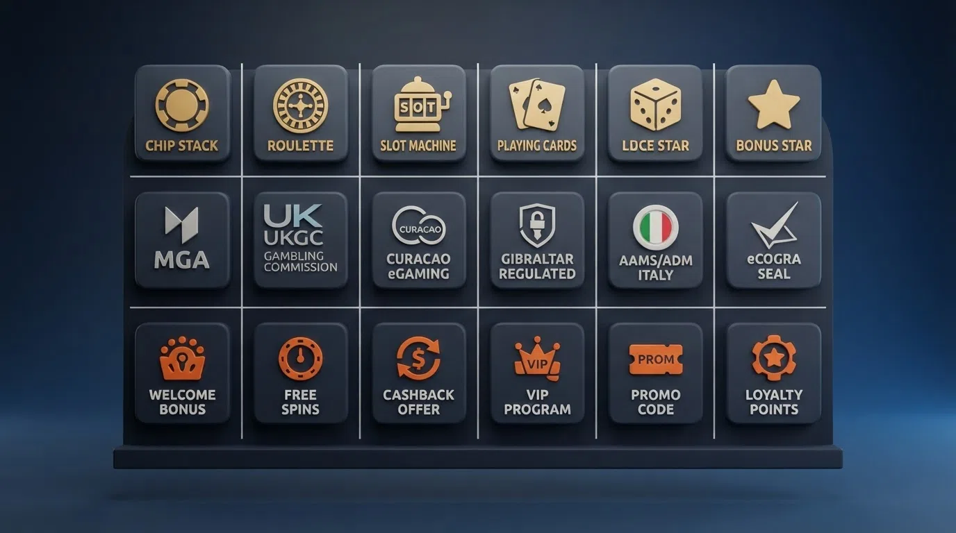 Een overzichtelijke vergelijking van casino-logo's met bijbehorende licenties en bonusindicatoren in een tabelopstelling