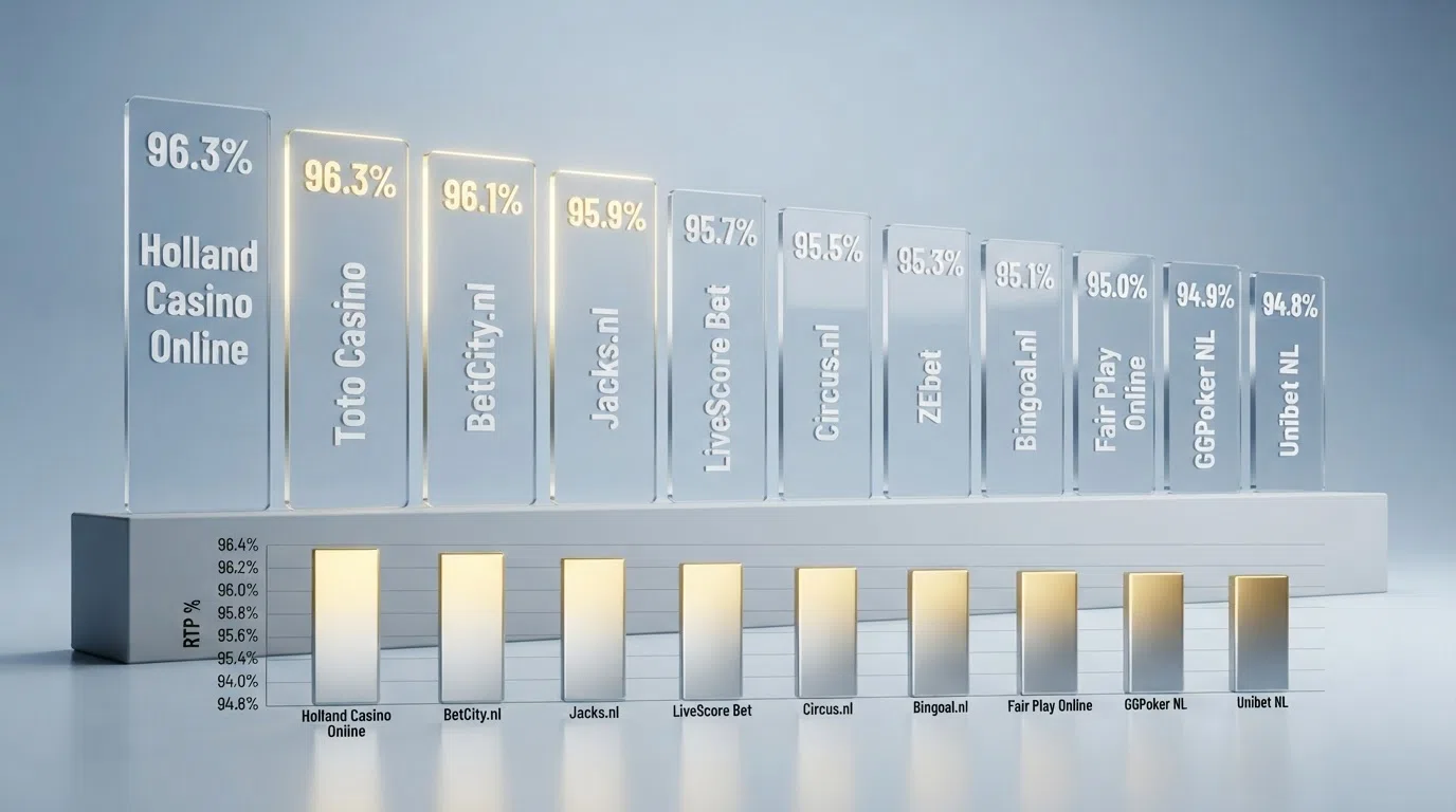 Tien KSA-vergunde online casino's naast elkaar met hun gemiddelde RTP-percentages in een overzichtelijke rij