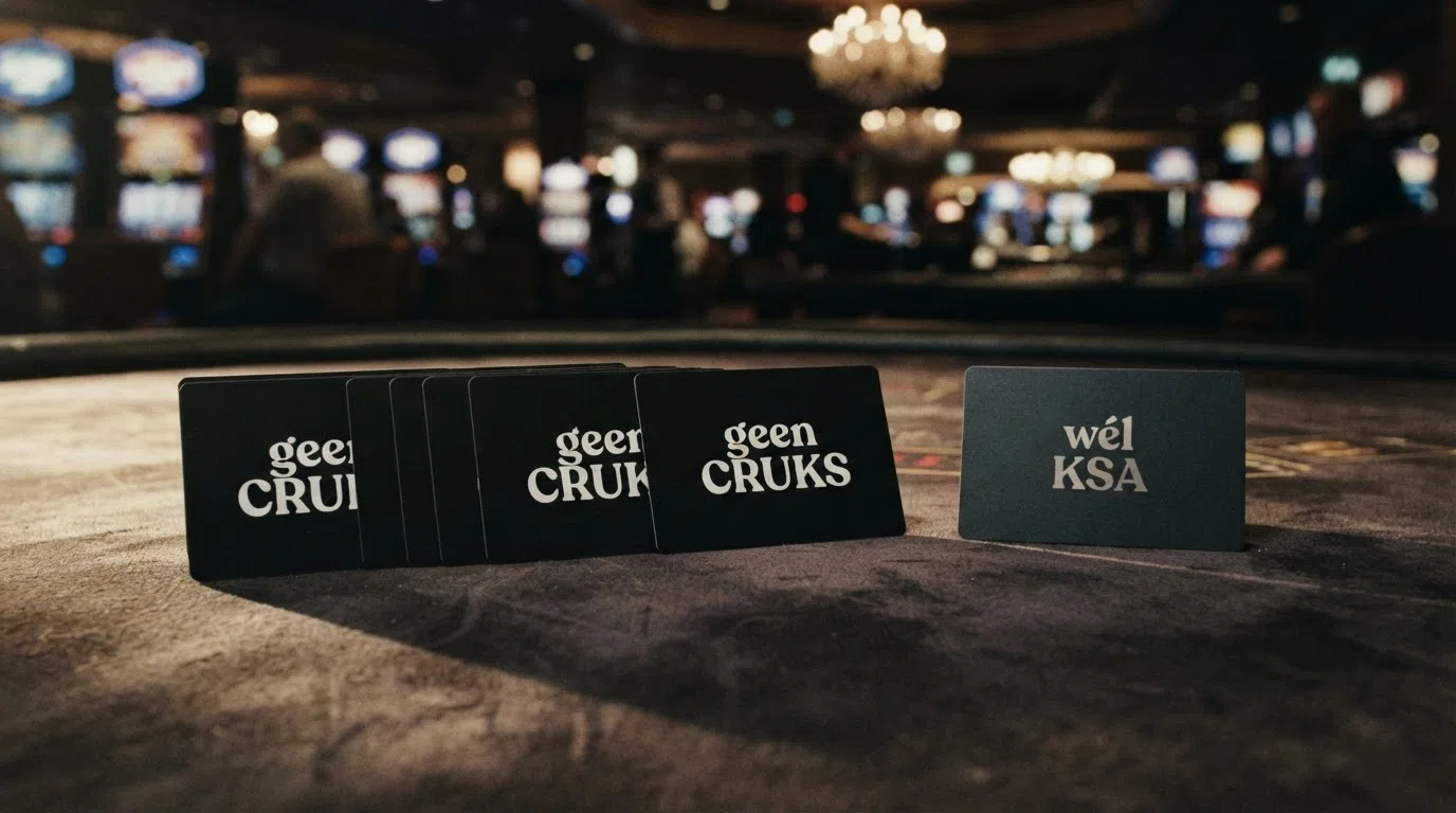 Een gestileerde lijst van tien naamloze casino-kaarten in twee groepen: negen met het label “geen CRUKS” en één met het label “wél KSA” — visuele verhouding die het LeoVegas-onderscheid toont.