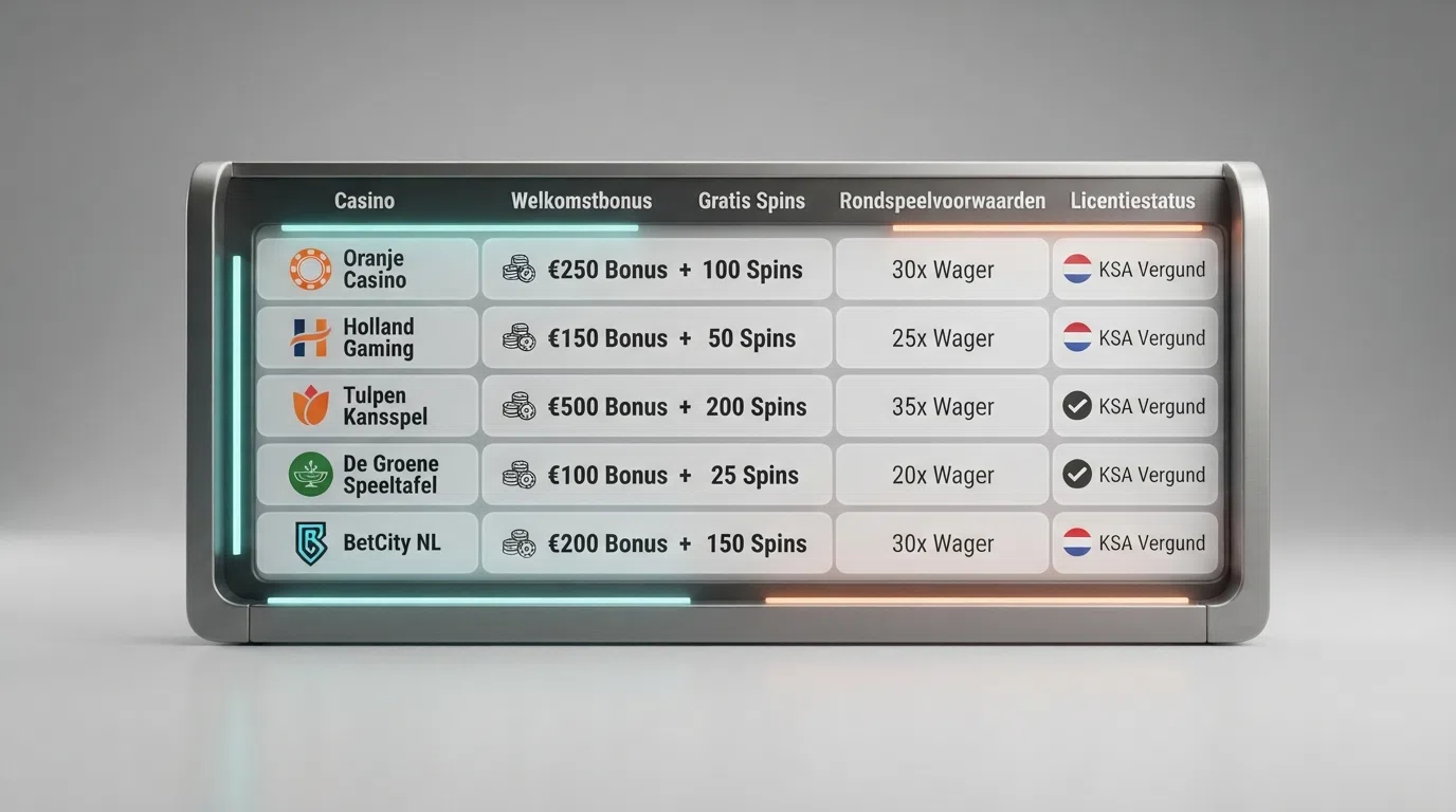 Een overzichtelijke vergelijkingstabel van casino bonussen met verschillende bonusbedragen, rondspeelvoorwaarden en licentiestatussen naast elkaar.
