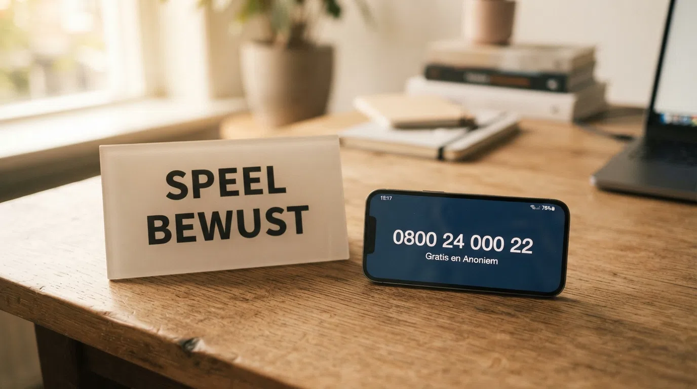 Een waarschuwingsbord met de tekst 'Speel bewust' naast een telefoon die het nummer 0800 24 000 22 toont