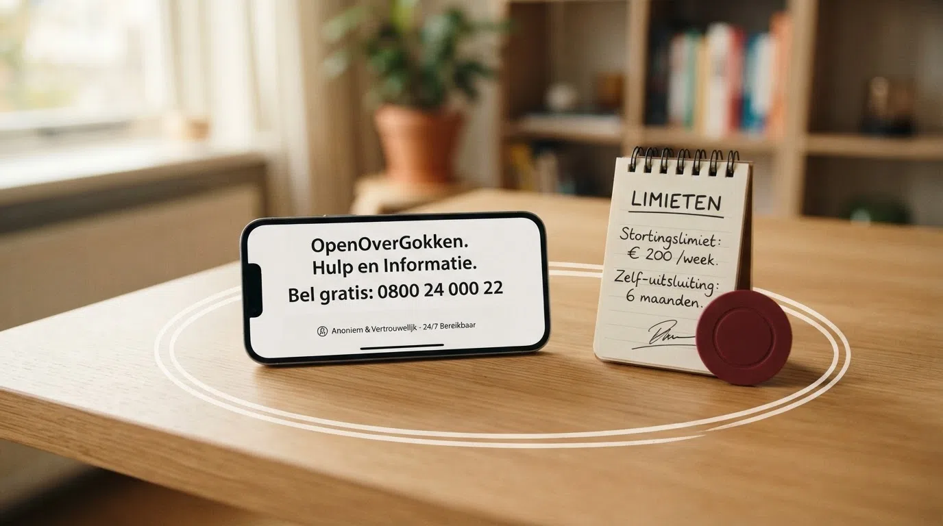 Een overzichtelijke kaart met de drie pijlers van verantwoord spelen: een telefoon (hulplijn 0800 24 000 22), een schuifknop (stortingslimiet) en een schild (Cruks-zelfuitsluiting), verbonden door een cirkel.