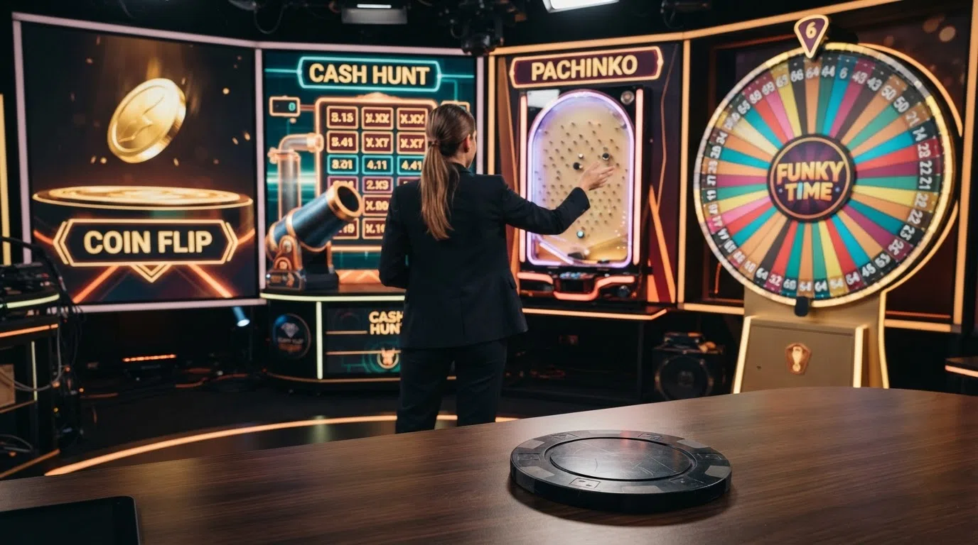 De vier Crazy Time-bonusspellen getoond op de studiomuren: Coin Flip met de munt, Cash Hunt met het schietdoel, Pachinko met het prikbord en Crazy Time met het grote rad
